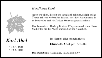 Traueranzeige von Karl Abel von Tageszeitung