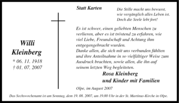 Traueranzeige von Willi Kleinberg von Tageszeitung