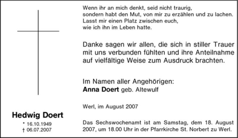  Traueranzeige für Hedwig Doert vom 14.08.2007 aus Tageszeitung