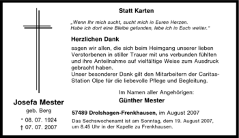 Traueranzeige von Josefa Mester von Tageszeitung