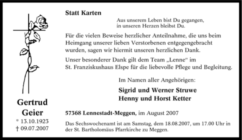  Traueranzeige für Gertrud Geyer vom 14.08.2007 aus Tageszeitung