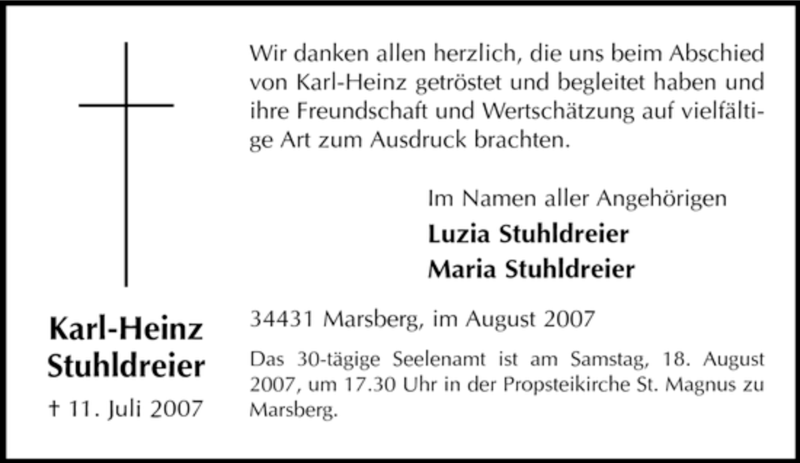  Traueranzeige für Karl-Heinz Stuhldreier vom 14.08.2007 aus Tageszeitung