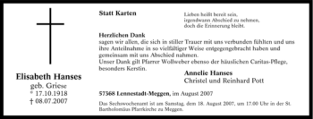 Traueranzeige von Elisabeth Hanses von Tageszeitung