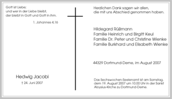 Traueranzeige von Hedwig Jacobi von Tageszeitung