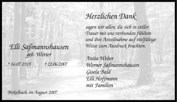 Traueranzeige von Elli Saßmannshausen von Tageszeitung