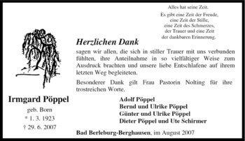 Traueranzeige von Irmgard Pöppel von Tageszeitung