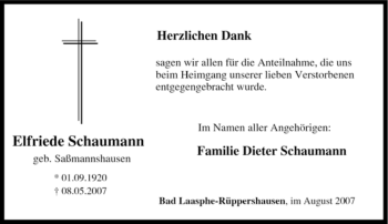 Traueranzeige von Elfriede Schaumann von Tageszeitung