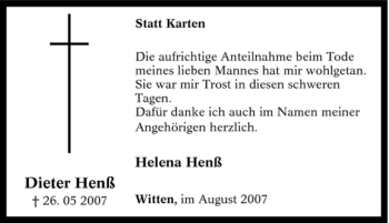 Traueranzeige von Dieter Henß von Tageszeitung
