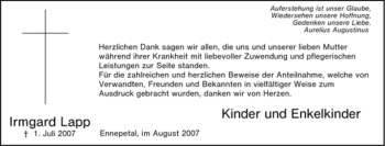 Traueranzeige von Irmgard Lapp von Tageszeitung