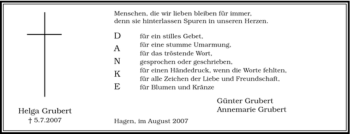 Traueranzeige von Helga Grubert von Tageszeitung