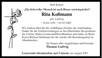 Traueranzeige von Rita Koßmann von Tageszeitung