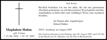Traueranzeige von Magdalene Hahne von Tageszeitung