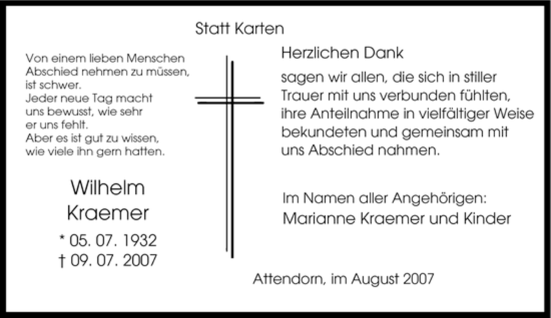  Traueranzeige für Wilhelm Kraemer vom 18.08.2007 aus Tageszeitung