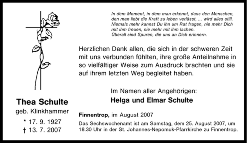  Traueranzeige für Thea Schulte vom 18.08.2007 aus Tageszeitung