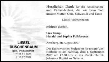 Traueranzeige von Liesel Rüschenbaum von Tageszeitung