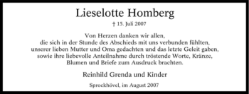 Traueranzeige von Lieselotte Homberg von Tageszeitung