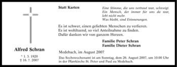 Traueranzeige von Alfred Schran von Tageszeitung