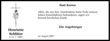 Traueranzeige von Henriette Schlüter von Tageszeitung