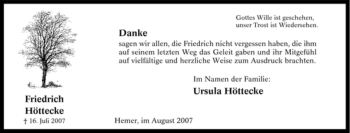 Traueranzeige von Friedrich Höttecke von Tageszeitung