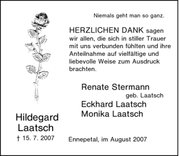 Traueranzeige von Hildegard Laatsch von Tageszeitung
