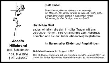 Traueranzeige von Josefa Hillebrand von Tageszeitung