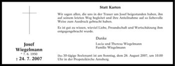 Traueranzeige von Josef Wiegelmann von Tageszeitung