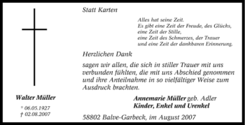 Traueranzeige von Walter Müller von Tageszeitung