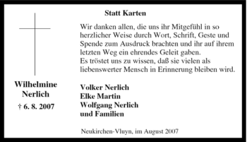 Traueranzeige von Wilhelmine Nerlich von Tageszeitung