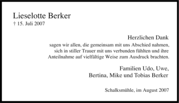 Traueranzeige von Lieselotte Berker von Tageszeitung