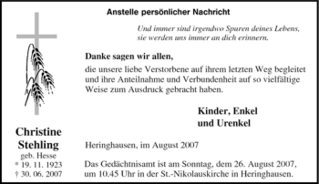 Traueranzeige von Christine Stehling von Tageszeitung