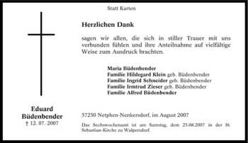 Traueranzeige von Eduard Büdenbender von Tageszeitung