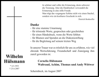 Traueranzeige von Wilhelm Hülsmann von Tageszeitung