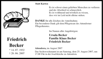Traueranzeige von Friedrich Becker von Tageszeitung