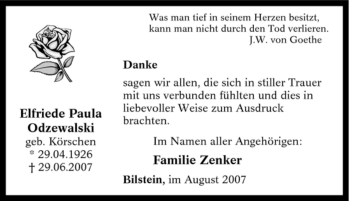 Traueranzeige von Elfriede Paula Odzewalski von Tageszeitung