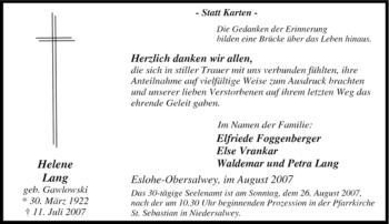 Traueranzeige von Helene Lang von Tageszeitung