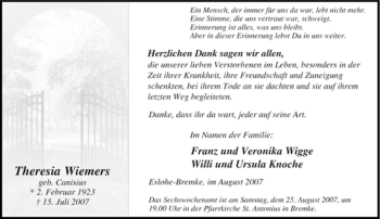 Traueranzeige von Theresia Wiemers von Tageszeitung