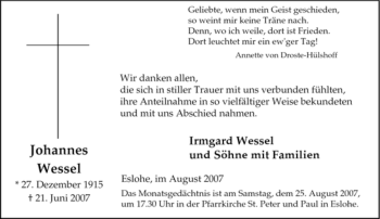 Traueranzeige von Johannes Wessel von Tageszeitung