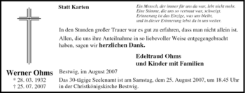 Traueranzeige von Werner Ohms von Tageszeitung