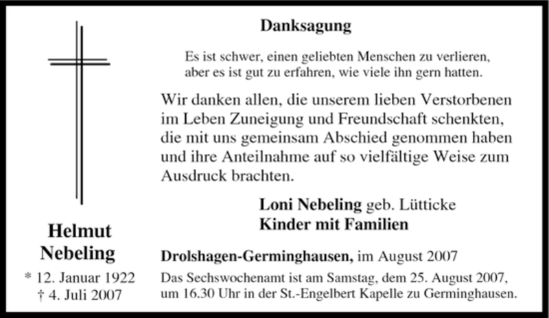  Traueranzeige für Helmut Nebeling vom 21.08.2007 aus Tageszeitung