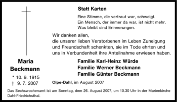 Traueranzeige von Maria Beckmann von Tageszeitung