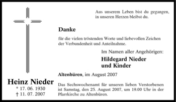 Traueranzeige von Heinz Nieder von Tageszeitung