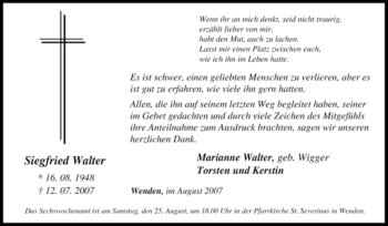 Traueranzeige von Siegfried Walter von Tageszeitung