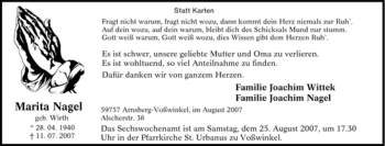 Traueranzeige von Marita Nagel von Tageszeitung