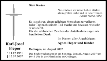 Traueranzeige von Karl-Josef Fleper von Tageszeitung
