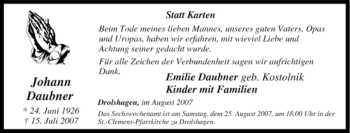 Traueranzeige von Johann Daubner von Tageszeitung
