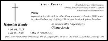 Traueranzeige von Heinrich Bende von Tageszeitung