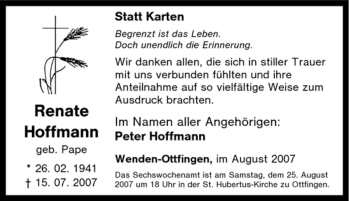 Traueranzeige von Renate Hoffmann von Tageszeitung