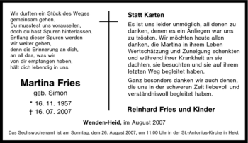 Traueranzeige von Martina Fries von Tageszeitung