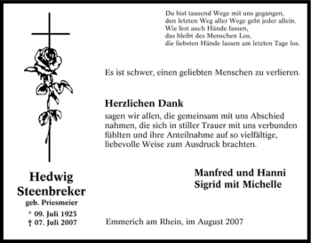 Traueranzeige von Hedwig Steenbreker von Tageszeitung