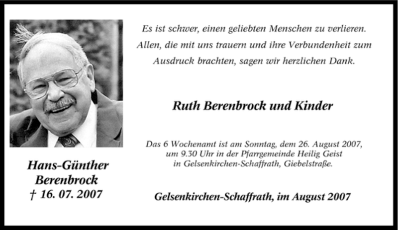  Traueranzeige für Hans-Günther Berenbrock vom 22.08.2007 aus Tageszeitung